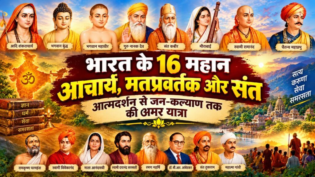 भारत के 16 महान आचार्य, मतप्रवर्तक और संत: आत्मदर्शन से जन-कल्याण तक की अमर यात्रा (Bharat ke 16 Yugnayak Mahan Acharyas)